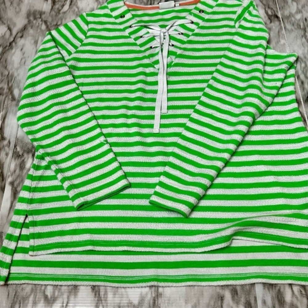 Crown & Ivy Green and White Long Sleeve Terrycloth Nautical Sailor Popover Top